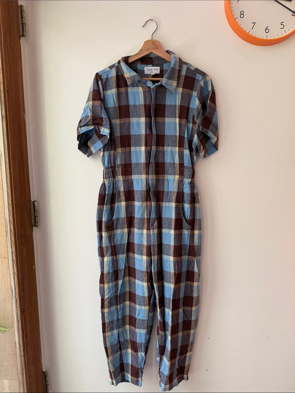 Rujuta Sheth Short-Sleeve Plaid Jumpsuit in Blue and Brown